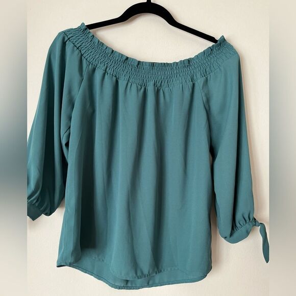 Iris teal/aquamarine off shoulder 2/3 sleeve blouse,elastic shoulder,loose fit S - Picture 7 of 7